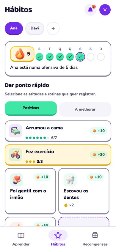 Tela de hábitos do responsável com seleção de filhos, sequência de cinco dias e opções para registrar atitudes e rotinas.